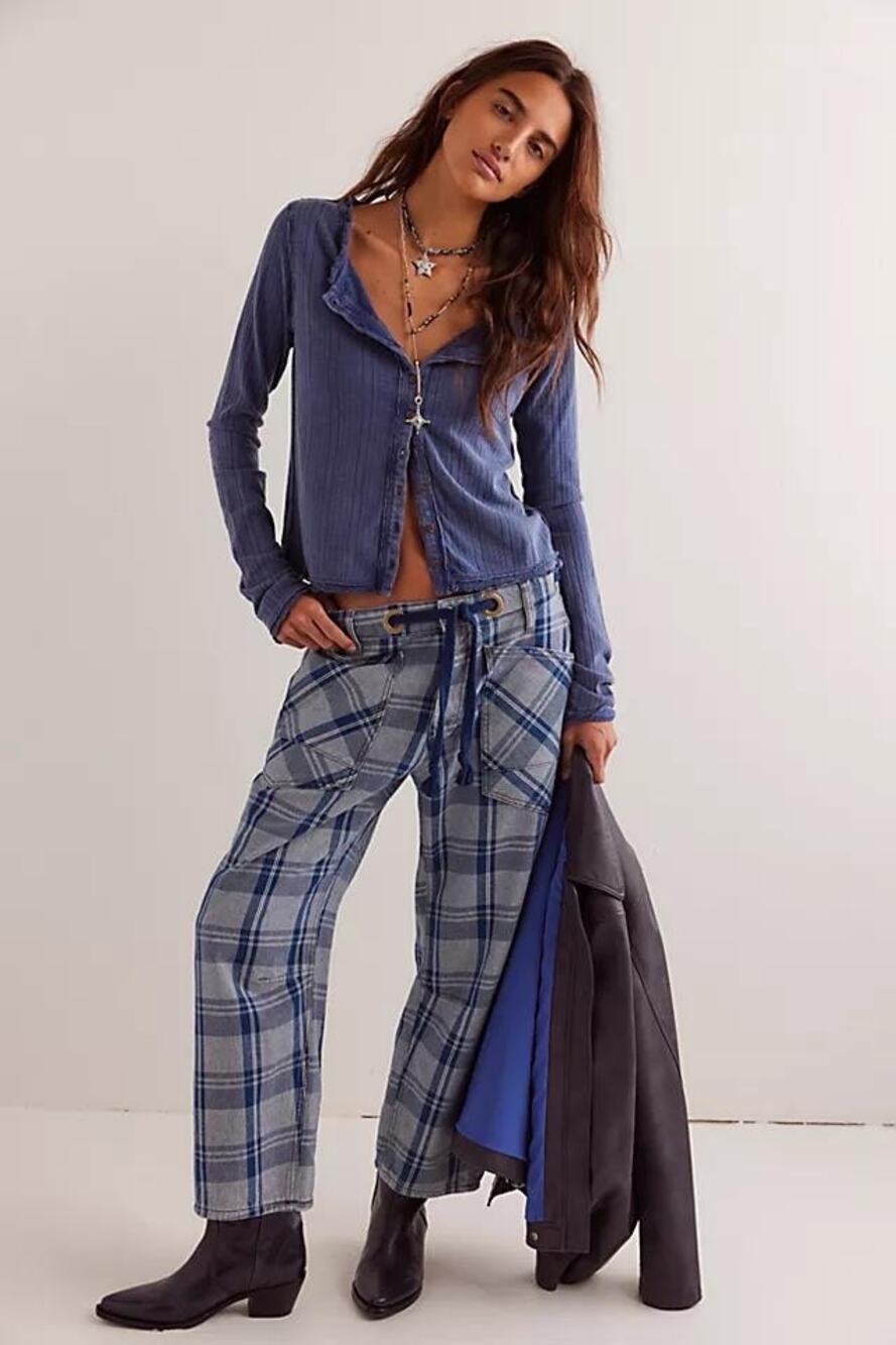 We The Free Moxie Plaid Pull On Barrel Jean In Country Blue Size 26